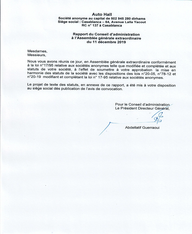 Rapport du Conseil d'Administration à l'AGE du 11 DEC 19